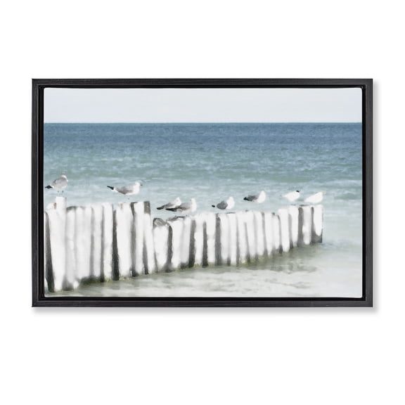 Stupell Industries Gulls Waiting Beach Scene Black Framed Floater Canvas Wall Art, design by Noah Bay, 21 x 31