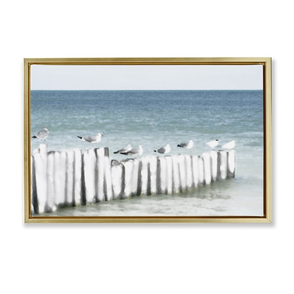 Stupell Industries Gulls Waiting Beach Scene Gold Framed Floater Canvas Wall Art, design by Noah Bay, 21 x 31