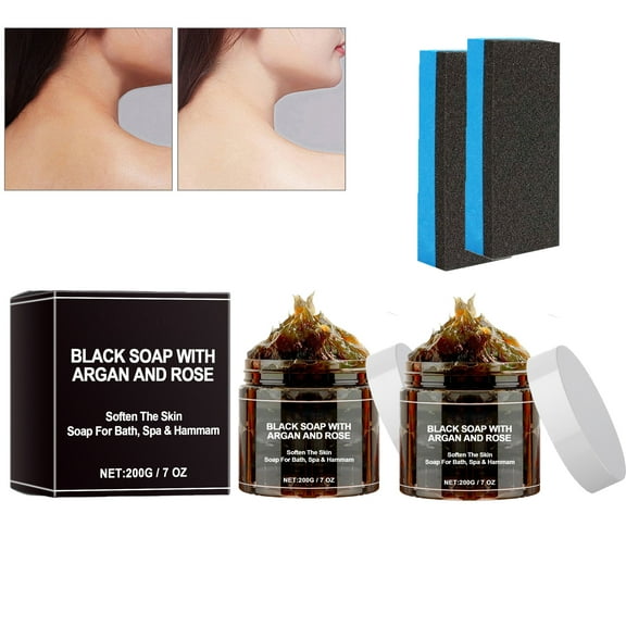 ONLYEOR 2pcs Morocco Black Soap, 200g (7oz) Moroccan Body Exfoliating Scrub, Blacks Soap Bar Exfoliating Soaps, Moroccos Body Scrub with Exfoliating Glove for Body Face Hands and Feet Cleanses
