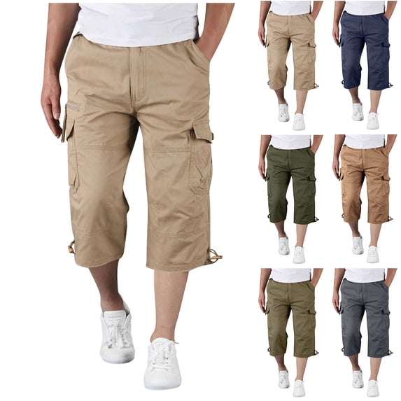 Guluxicc Cargo Capris for Men Elastic Waist Cropped Pants Relaxed Fit Outdoor Hiking Trousers with Multi Pockets