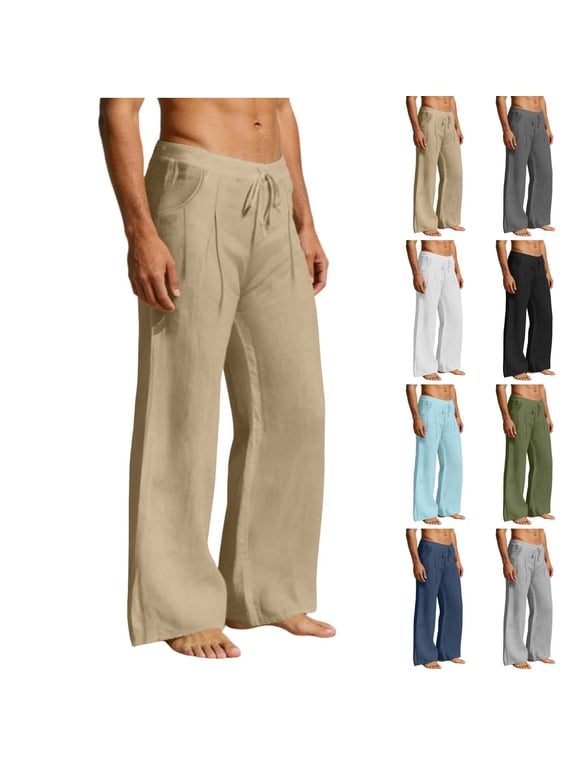 Mens Cotton Yoga Pants Drawstring Elastic Waist Pants Loose Fit Full Length Wide Leg Vacation Casual Beach Trousers with Pockets