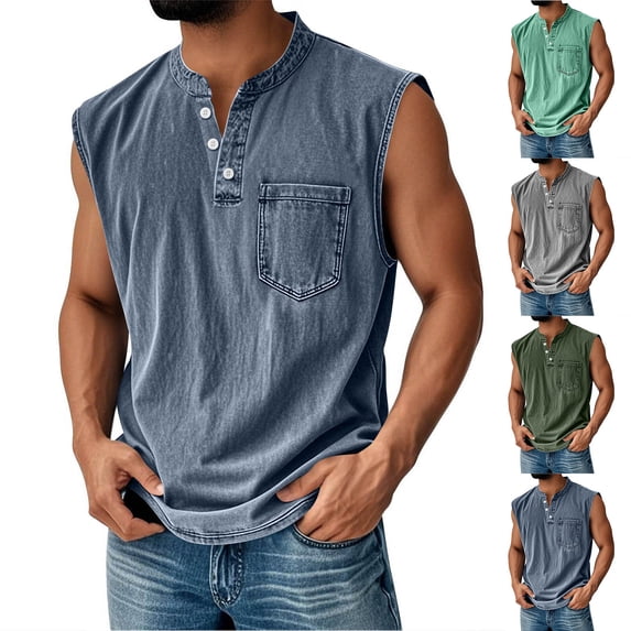Guluxicc Mens Henley Tank Tops Sleeveless Crew Neck Solid Color Shirts Regular Fit Summer Casual Tops with Pocket
