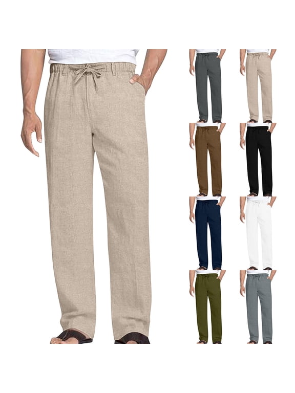 Straight Leg Cotton Pants for Men Drawstring Elastic Waist Pants Classic Vacation Casual Beach Trousers with Multi Pockets