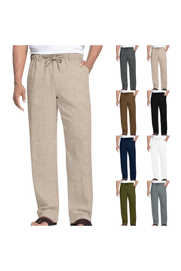 Straight Leg Cotton Pants for Men Drawstring Elastic Waist Pants Classic Vacation Casual Beach Trousers with Multi Pockets