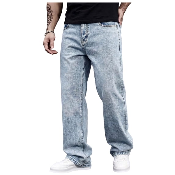 Guluxicc Wide Leg Jeans for Men Button Zip Elastic Waist Denim Pants Regular Fit Casual Pull On Trousers with Multi Pockets