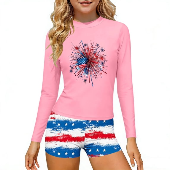 Guluxicc 4th of July Girls' Rash Guard 2 Pieces Swimsuits Long Sleeve Boy Shorts Flag Graphic Independence Day Bathing Suit