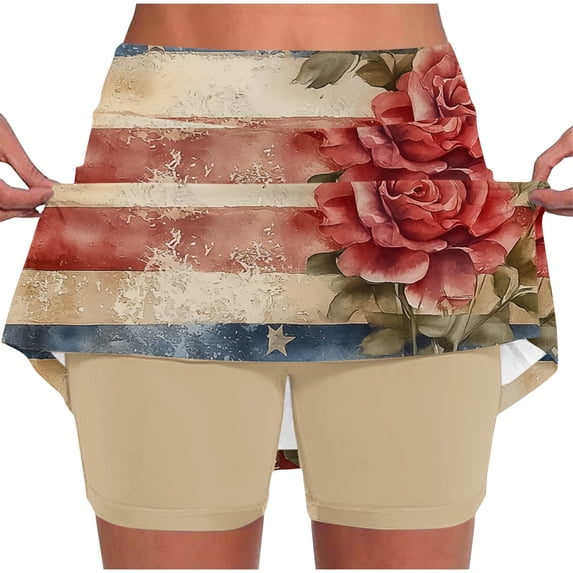 Guluxicc 4th of July Womens Skorts Elastic High Waisted Athletic Tennis Skirts and Trendy Printed Tummy Control Slim Yoga Jogging Shorts Leggings