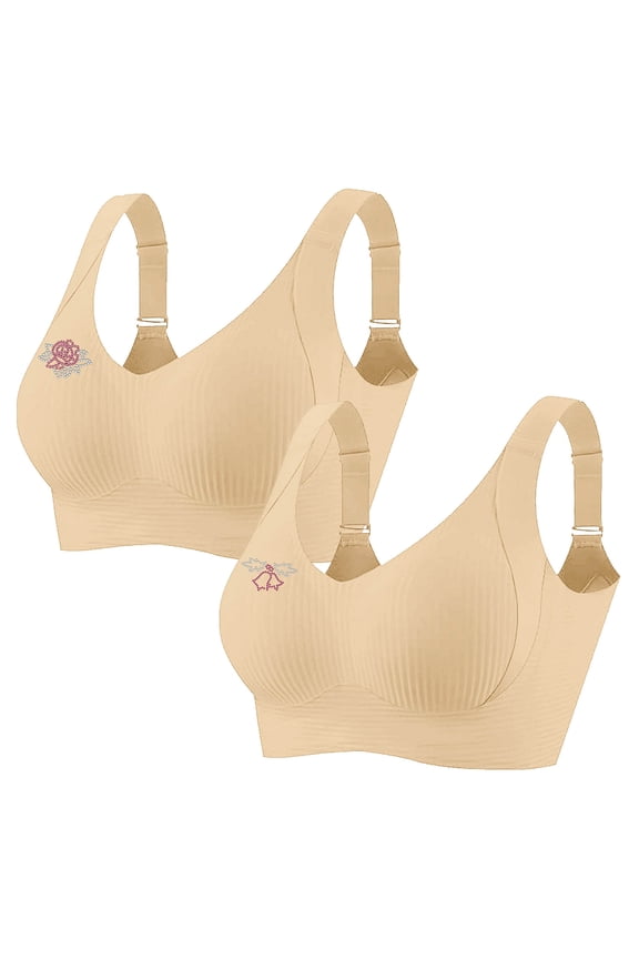 2 Pack Bras for Women Seamless Wireless Push Up Bra No Underwire Comfort Everyday Bra, Beige, 2XL