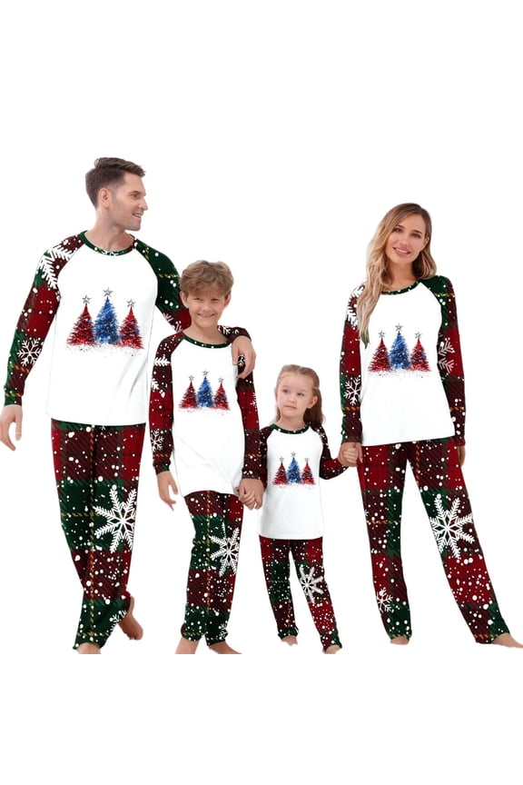 2 Pcs Christmas Family Pajamas Long Sleeve Tops and Snowflake Print Pants Pjs Matching Holiday Jammies Outfit Sets, Red
