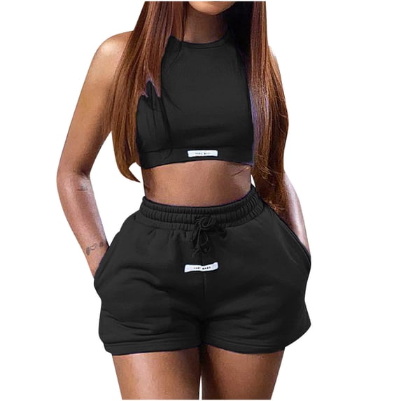 Guluxicc 2 Piece Active Sets for Women Crew Neck Crop Top and Drawstring Shorts with Pockets Solid Color Outfits for Gym Outdoor Runnng & Casual