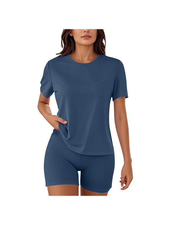 2 Piece Athletic Basic Sets for Women Basic Breathable Sweat Absorbing T-Shirt with Elastic Waist Shorts Solid Comfy Trendy Workout Activewear Outfits for Gym Sports Lounge