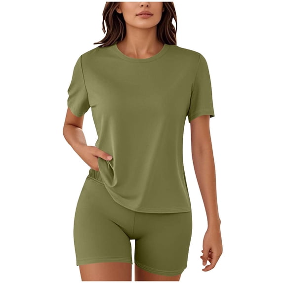 Guluxicc 2 Piece Athletic Basic Sets for Women Basic Breathable Sweat Absorbing T-Shirt with Elastic Waist Shorts Solid Comfy Trendy Workout Activewear Outfits for Gym Sports Lounge