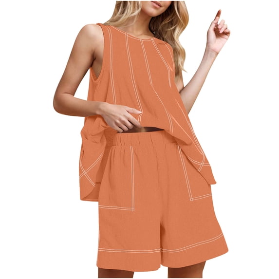 Guluxicc 2 Piece Linen Sets for Women Solid Color Contrast Stitching Sleeveless Tunic and Loose Pocket Short Summer Casual Vacation Daily Wear Outfit Sets