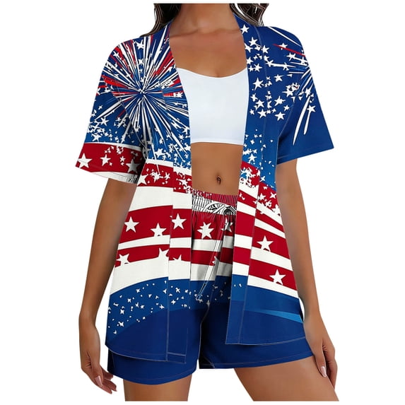 Guluxicc 2 Piece Outfit Sets for Women 4th of July Short Sleeve Cardigan Matching Shorts with Pockets Casual Beach Sets for Summer Holiday