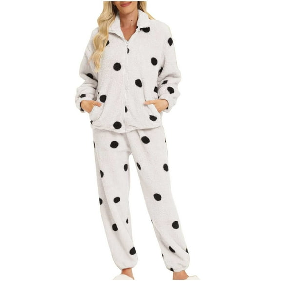 Guluxicc 2 Piece Sets for Women Polka Dot Long Sleeve Tops and Lounge Pants Pullover Pajamas Loungewear Pjs Set Outfits, White, XL
