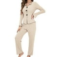 thumbnail image 1 of Guluxicc 2 Piece Sets for Women Solid Color Button Down Shirts and Pants Fall Pajamas Loungewear Pjs Set Outfits, Beige, S, 1 of 5
