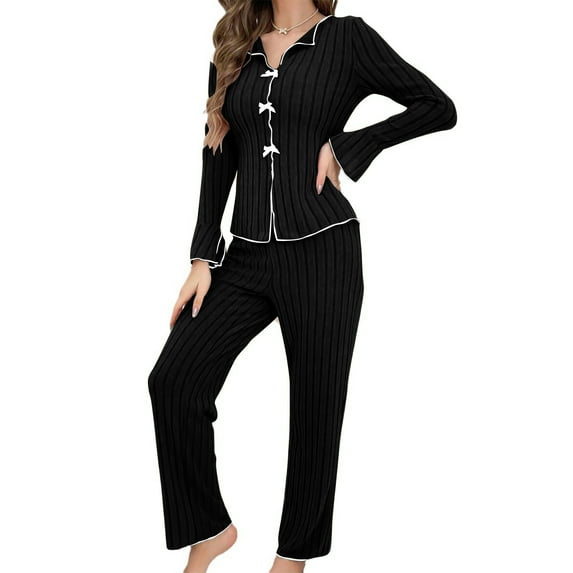 Guluxicc 2 Piece Sets for Women Solid Color Button Down Shirts and Pants Fall Pajamas Loungewear Pjs Set Outfits, Black, M