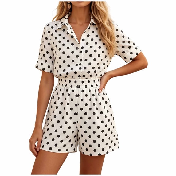 Guluxicc 2 Piece Women's Casual Sets Polka Dot Print Romper with Collared Short Sleeve Button Down Shorts Outfit Sets with Pockets for Spring and Summer
