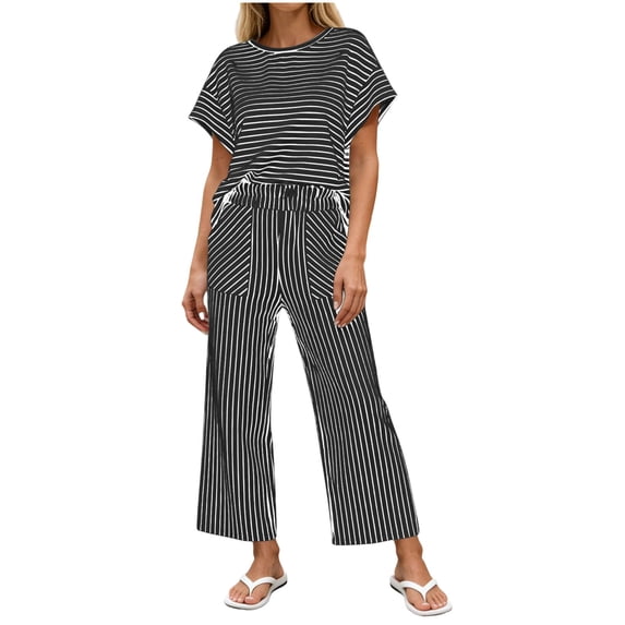 Guluxicc 2 Piece Women's Matching Sets Crew Neck Batwing Sleeve Top Stripe Print Wide Leg Pants with Pockets Casual Outfits