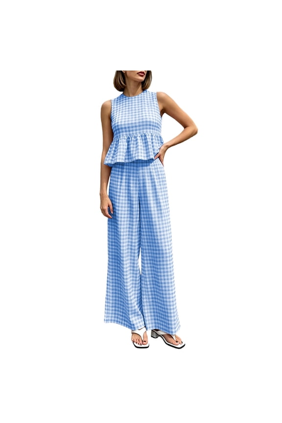 2 Piece Women's Outfit Sets Crew Neck Tank Top Ruffle Hem Gingham Print High Waist Wide Leg Pants Casual Trendy Sets