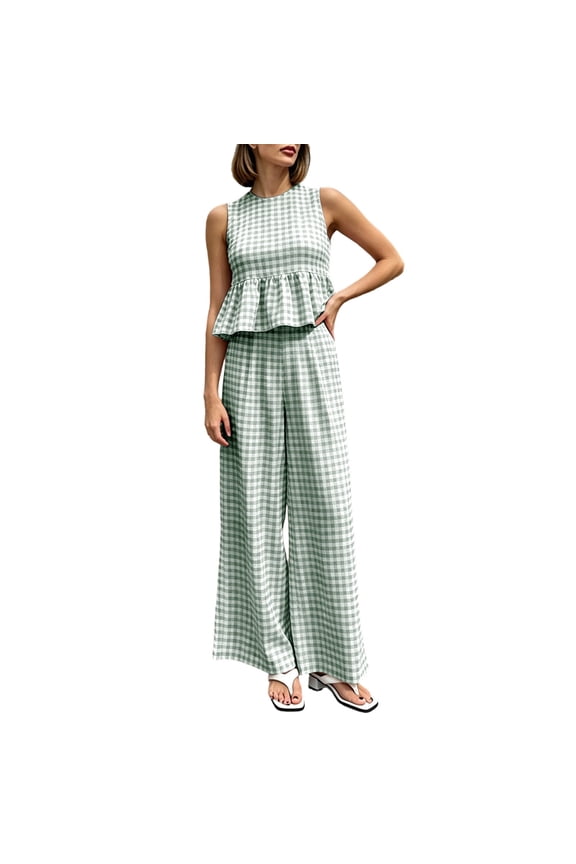 2 Piece Women's Outfit Sets Crew Neck Tank Top Ruffle Hem Gingham Print High Waist Wide Leg Pants Casual Trendy Sets
