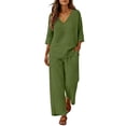 thumbnail image 1 of Guluxicc 2 Piece Women's Matching Sets Linen V Neck 3/4 Sleeve Top Drawstring Elastic Waist Wide Leg Pants Outfits With Pockets for Spring and Summer, 1 of 5