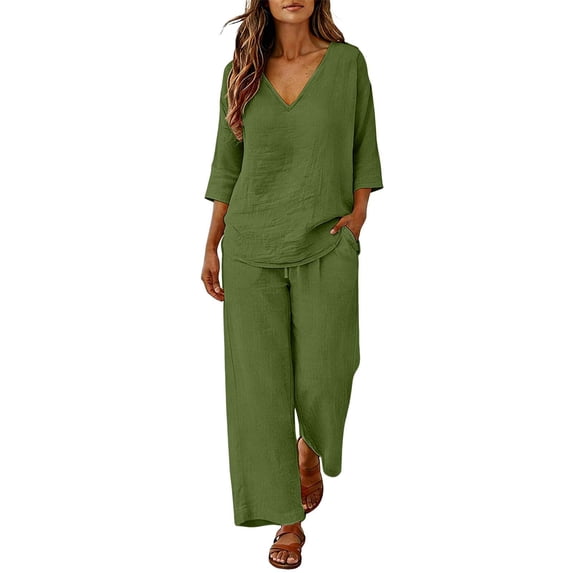 Guluxicc 2 Piece Women's Matching Sets Linen V Neck 3/4 Sleeve Top Drawstring Elastic Waist Wide Leg Pants Outfits With Pockets for Spring and Summer