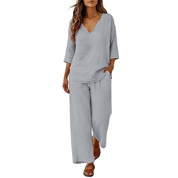 Guluxicc 2 Piece Women's Matching Sets Linen V Neck 3/4 Sleeve Top Drawstring Elastic Waist Wide Leg Pants Outfits With Pockets for Spring and Summer
