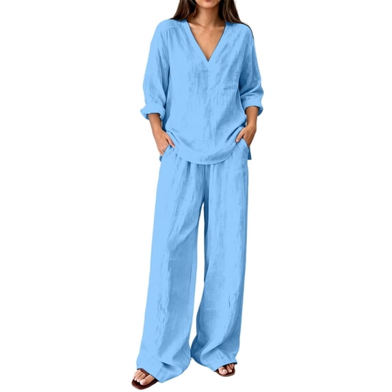 Guluxicc 2 Piece Women's Matching Sets Loose Solid Color V Neck Long Sleeve Tops with Wide-Leg Pants Casual Outfit Set