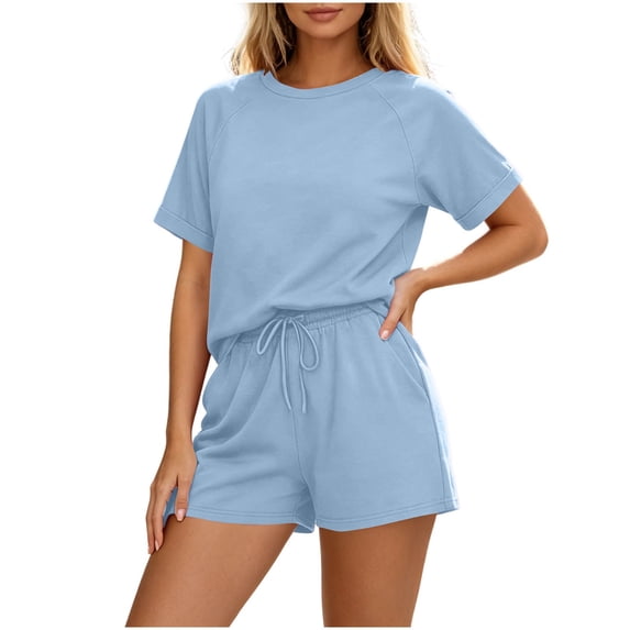 Guluxicc 2 Piece Women's Matching Sets Solid T Shirts with Drawstring Waist Shorts Casual Outfits Lounge Wear