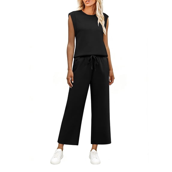 Guluxicc 2 Piece Women's Outfit Sets Crew Neck Sleeveless Top Drawstring Waist Cropped Wide Leg Pants Casual Outfits for Spring and Summer Outdoor Hiking