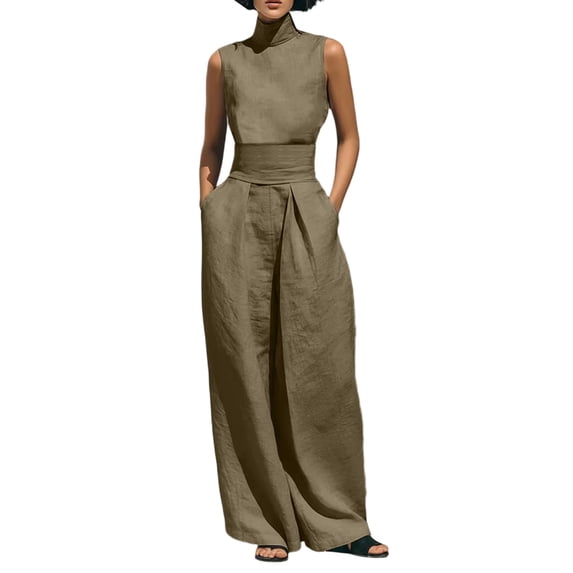 Guluxicc 2 Piece Women's Outfit Sets Turtleneck Sleeveless Top Wide Waistband High Waist Wide Leg Pants Casual Summer Sets