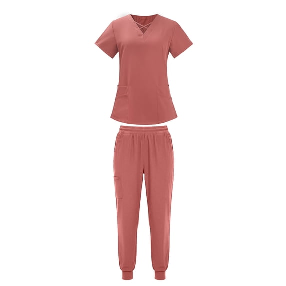 Guluxicc 2 Piece Women's Outfit Sets V Neck Crisscross Short Sleeve Top With Multiple Pockets Elastic Waist Jogger Pants Medical Scrubs Uniform