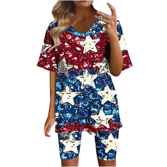 Guluxicc 2 Piece Women's Plus Size Matching Sets 4th of July V Neck T Shirts Slim Legging Shorts Casual Summer Loungewear
