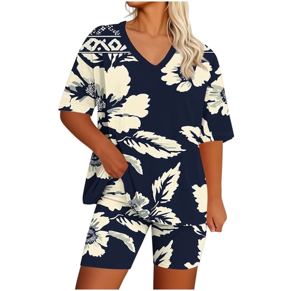 Guluxicc 2 Piece Women's Plus Size Matching Sets V Neck T Shirts Slim Legging Shorts Casual Summer Loungewear