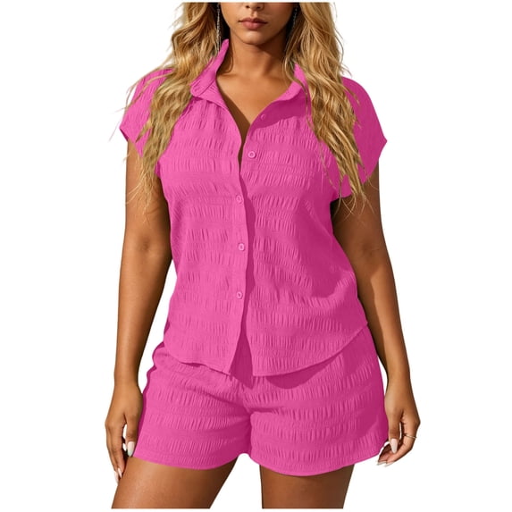 Guluxicc 2 Piece Womens Matching Sets Collared Short Sleeve Button Down Shirt with Shorts Casual Summer Lounge Wear Outfits with Pockets