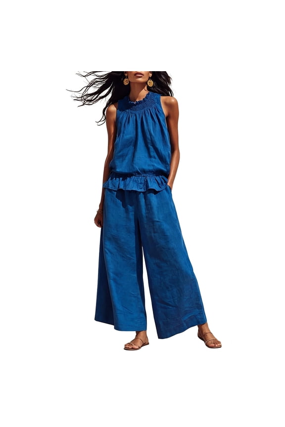 2 Piece Womens Matching Sets Mock Neck Sleeveless Smocked Ruffle Neck Top High Waist Wide Leg Pants Summer Outfits