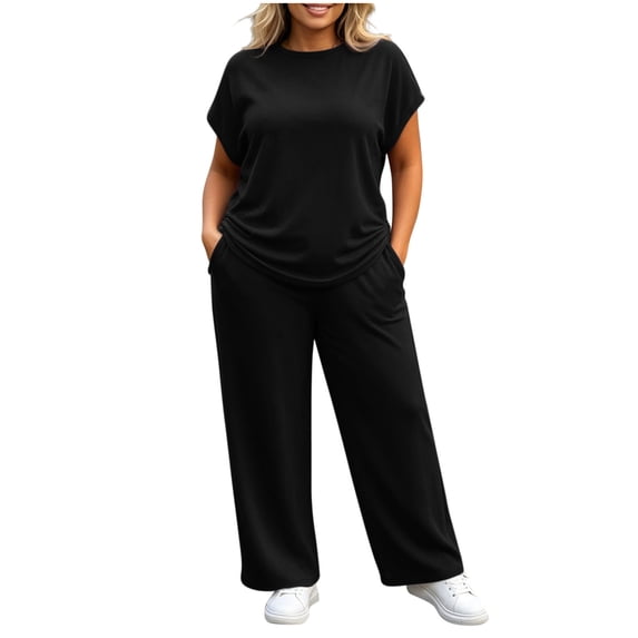 Guluxicc 2 Piece Womens Matching Sets Plus Size Short Sleeve Crew Neck Top with Wide Leg Pants Casual Outfits Loungewear with Pockets