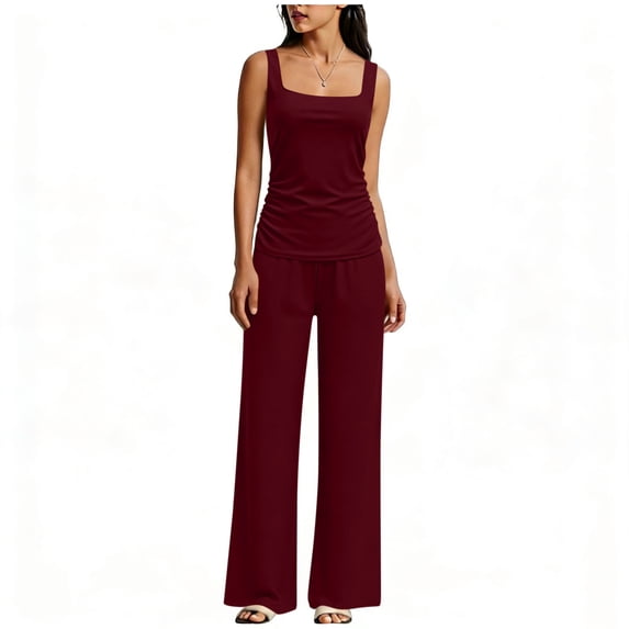 Guluxicc 2 Piece Womens Matching Sets Solid Square Neck Sleeveless Tank Top with Wide Leg Pants Casual Loungewear Outfit Sets