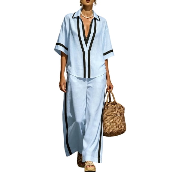 Guluxicc 2 Piece Womens Matching Sets Turndown Collar Short Sleeve Contrast Stripe Top High Waist Wide Leg Pants Outfits for Summer Casual Wear
