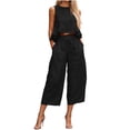 thumbnail image 1 of Guluxicc 2 Piece Womens Outfit Sets Linen Crew Neck Sleeveless Ruffle Hem Crop Top Drawstring Waist Cropped Wide Leg Pants Outfits for Casual Wear, 1 of 5