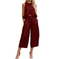 thumbnail image 1 of Guluxicc 2 Piece Womens Outfit Sets Linen Crew Neck Sleeveless Ruffle Hem Crop Top Drawstring Waist Cropped Wide Leg Pants Outfits for Casual Wear, 1 of 5
