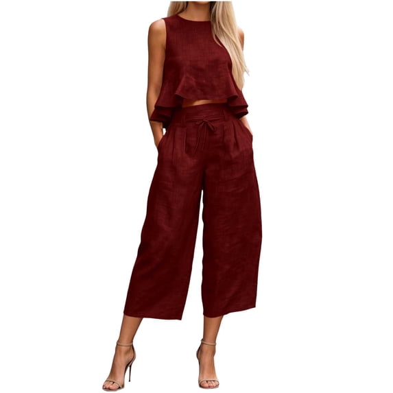Guluxicc 2 Piece Womens Outfit Sets Linen Crew Neck Sleeveless Ruffle Hem Crop Top Drawstring Waist Cropped Wide Leg Pants Outfits for Casual Wear