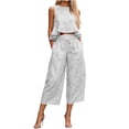 thumbnail image 1 of Guluxicc 2 Piece Womens Outfit Sets Linen Crew Neck Sleeveless Ruffle Hem Crop Top Drawstring Waist Cropped Wide Leg Pants Outfits for Casual Wear, 1 of 5