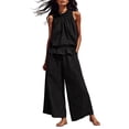 thumbnail image 1 of Guluxicc 2 Piece Womens Outfit Sets Linen Mock Neck Sleeveless Smocked Ruffle Hem Top High Waist Wide Leg Pants Outfits with Pockets, 1 of 5