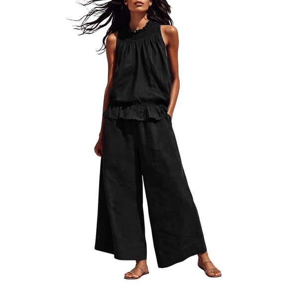 Guluxicc 2 Piece Womens Outfit Sets Linen Mock Neck Sleeveless Smocked Ruffle Hem Top High Waist Wide Leg Pants Outfits with Pockets