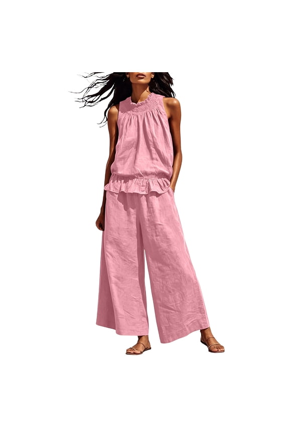 2 Piece Womens Outfit Sets Linen Mock Neck Sleeveless Smocked Ruffle Hem Top High Waist Wide Leg Pants Outfits with Pockets