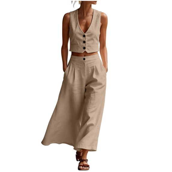 Guluxicc 2 Piece Womens Outfit Sets Sleeveless V Neck Button Down Vest with Wide Leg Pants Casual Matching Sets for Spring and Summer