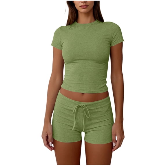 Guluxicc 2 Piece Womens Workout Outfit Sets Short Sleeve Crew Neck Crop Top with Drawstring Tummy Control Shorts Casual Lounge Matching Sets