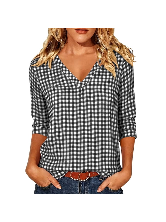 3/4 Length Sleeve Womens Tops Plaid Casual Dressy Fall Blouses V Neck Business Work Summer Checkered Tee Shirts